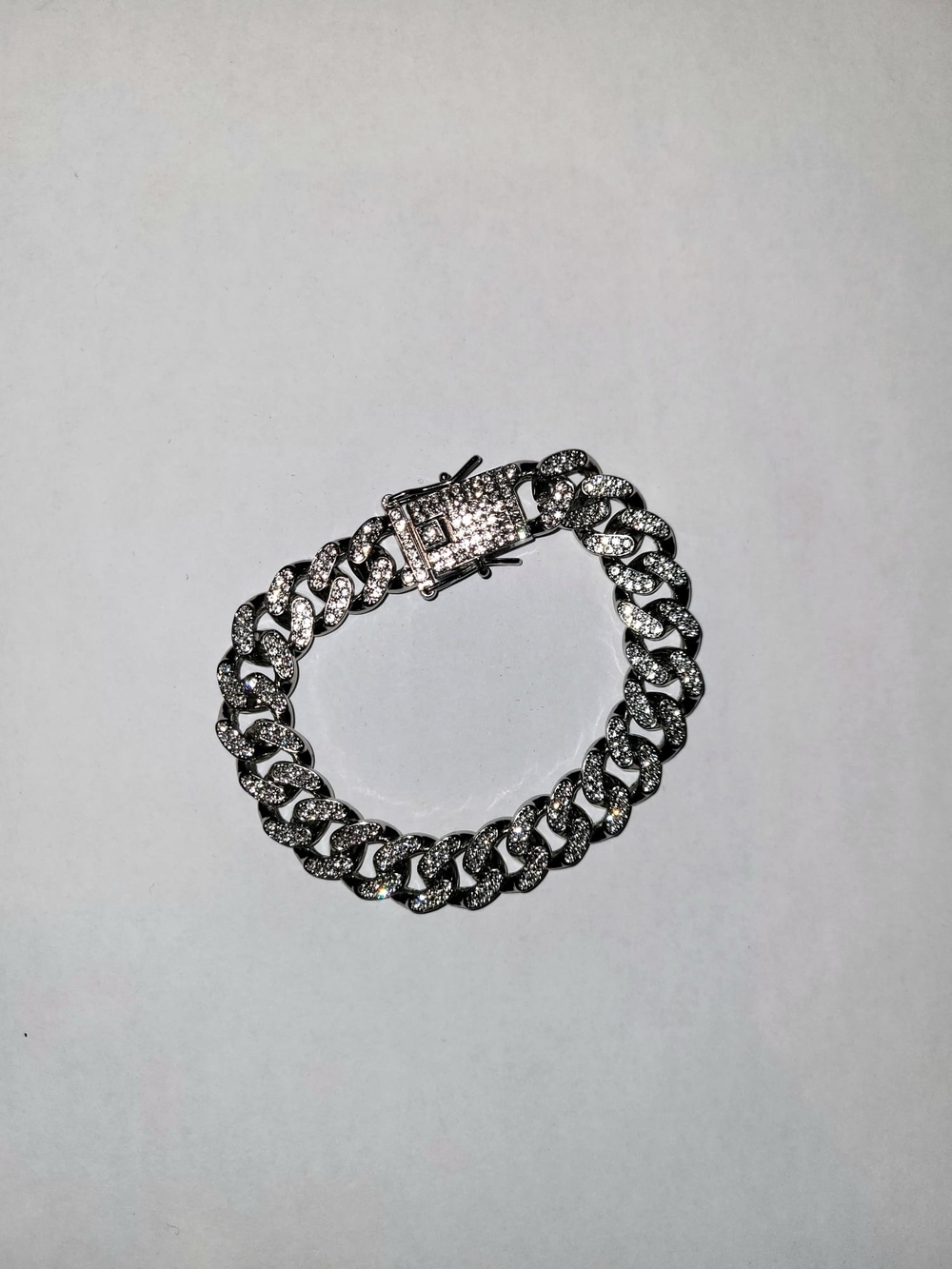 Silver-Tone Cuban Link Bracelet with Rhinestone Crystals NWOT
